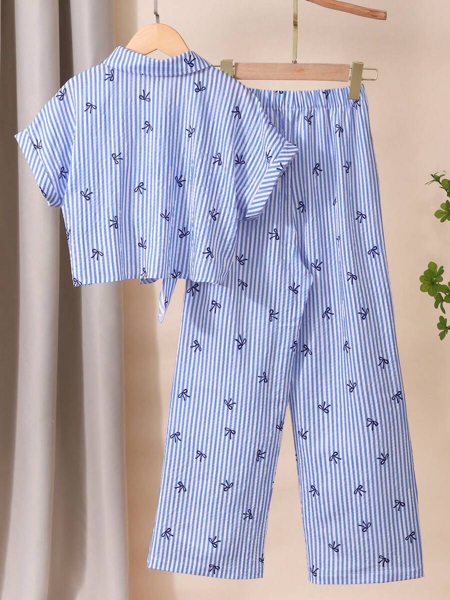 2pcs Big Girls Bow Print Stripe Tie-Front Shirt & Wide-Leg Pants - ...
