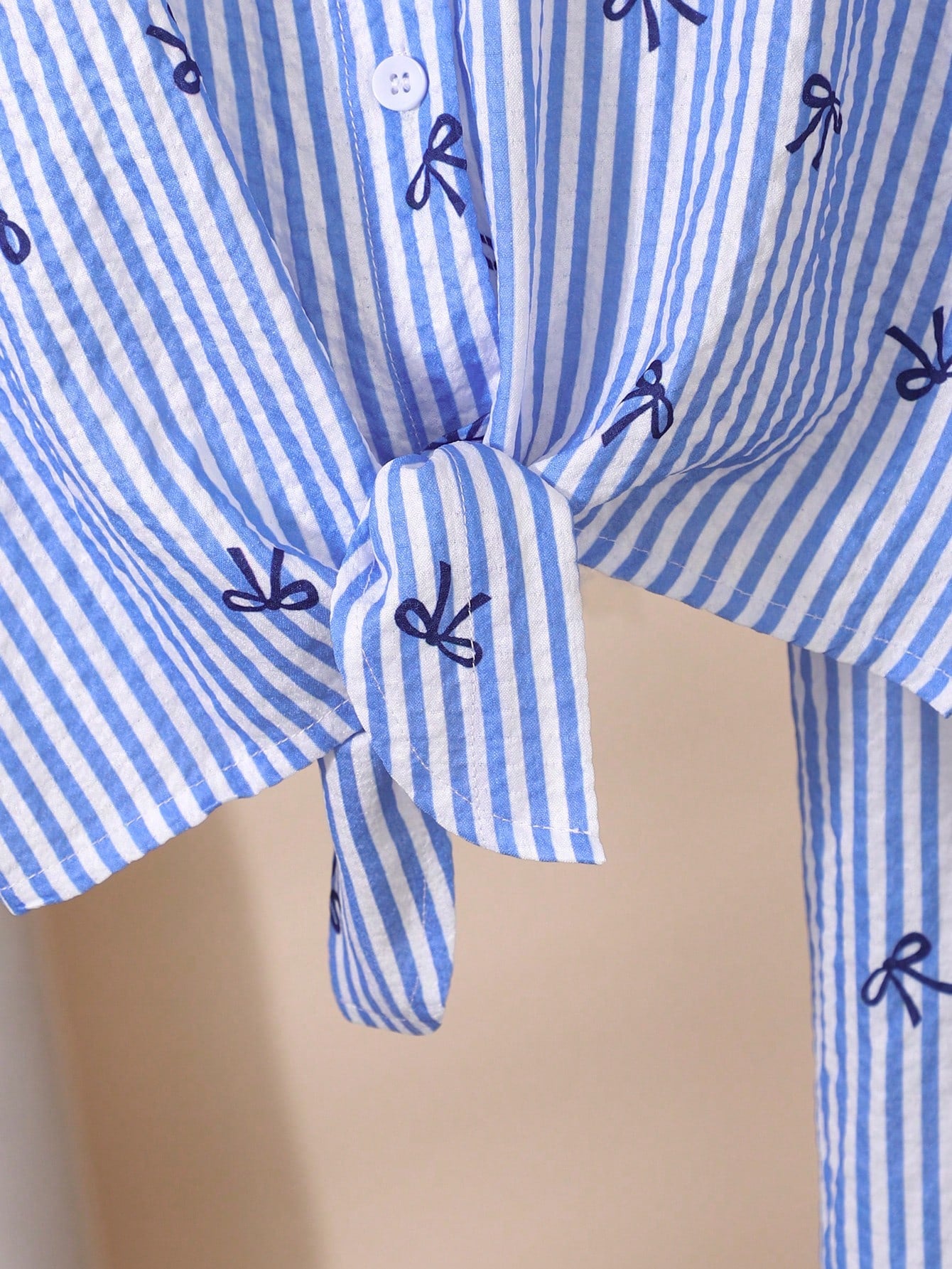 2pcs Big Girls Bow Print Stripe Tie-Front Shirt & Wide-Leg Pants - ...