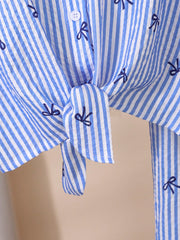2pcs Big Girls Bow Print Stripe Tie-Front Shirt & Wide-Leg Pants - ...