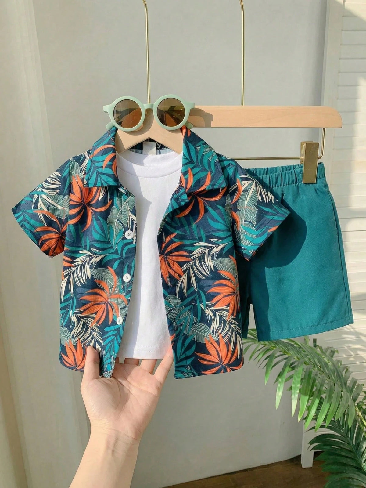 2pcs Boys Tropical Leaf Print Resort Shirt & Shorts Set - Midnight ...