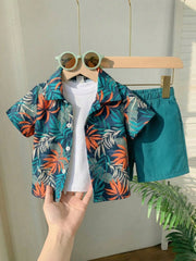 2pcs Boys Tropical Leaf Print Resort Shirt & Shorts Set - Midnight ...