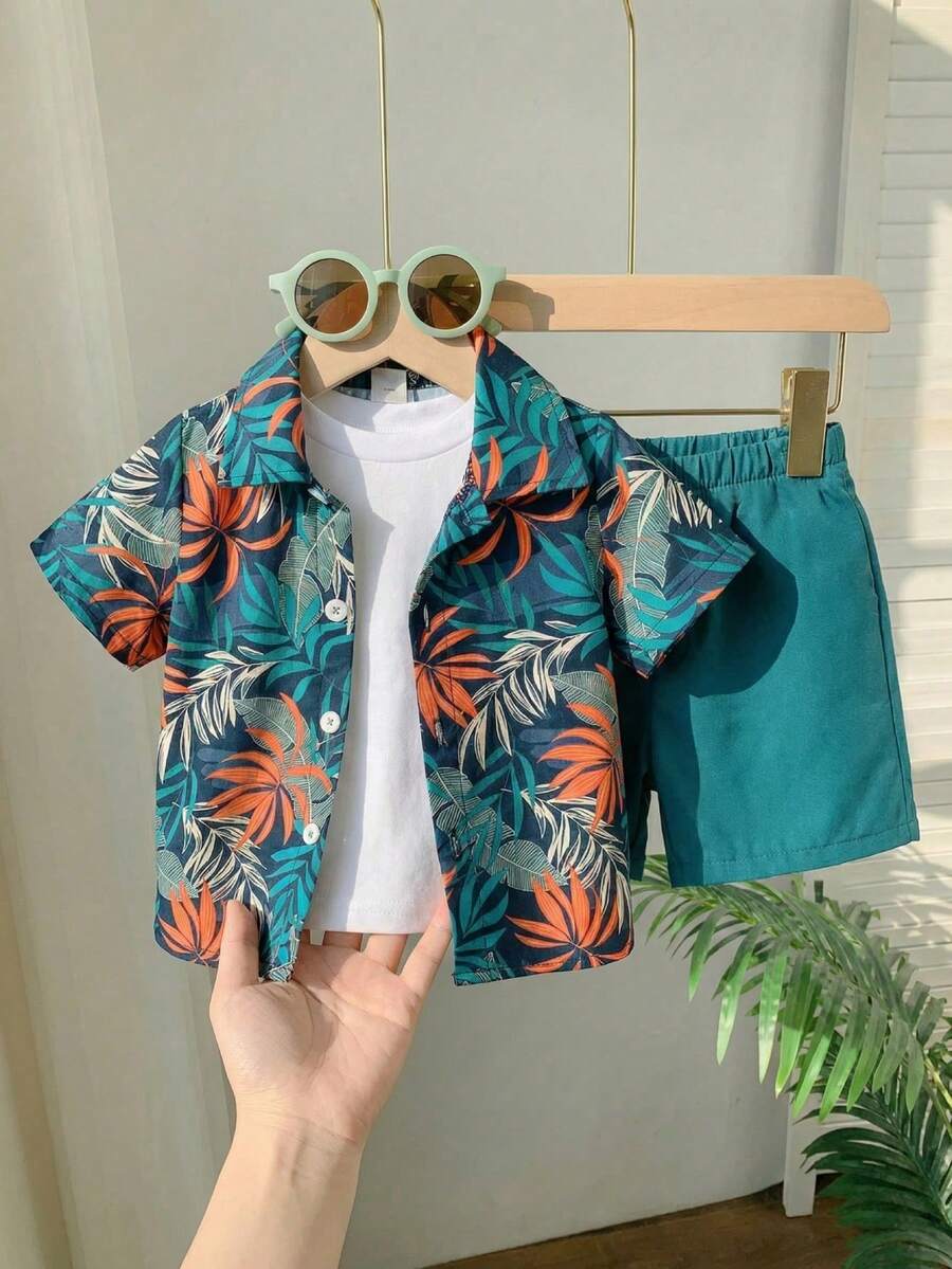2pcs Boys Tropical Leaf Print Resort Shirt & Shorts Set - Midnight ...