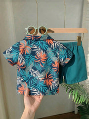 2pcs Boys Tropical Leaf Print Resort Shirt & Shorts Set - Midnight ...