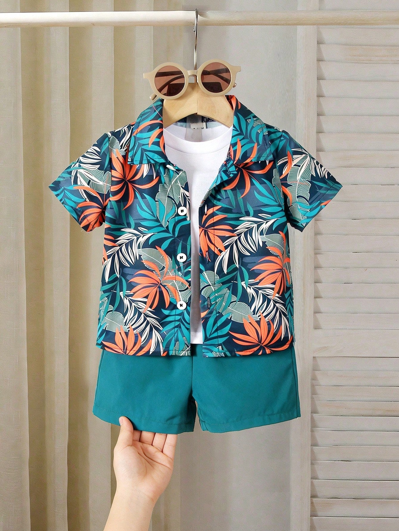 2pcs Boys Tropical Leaf Print Resort Shirt & Shorts Set - Midnight ...
