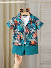 2pcs Boys Tropical Leaf Print Resort Shirt & Shorts Set - Midnight ...