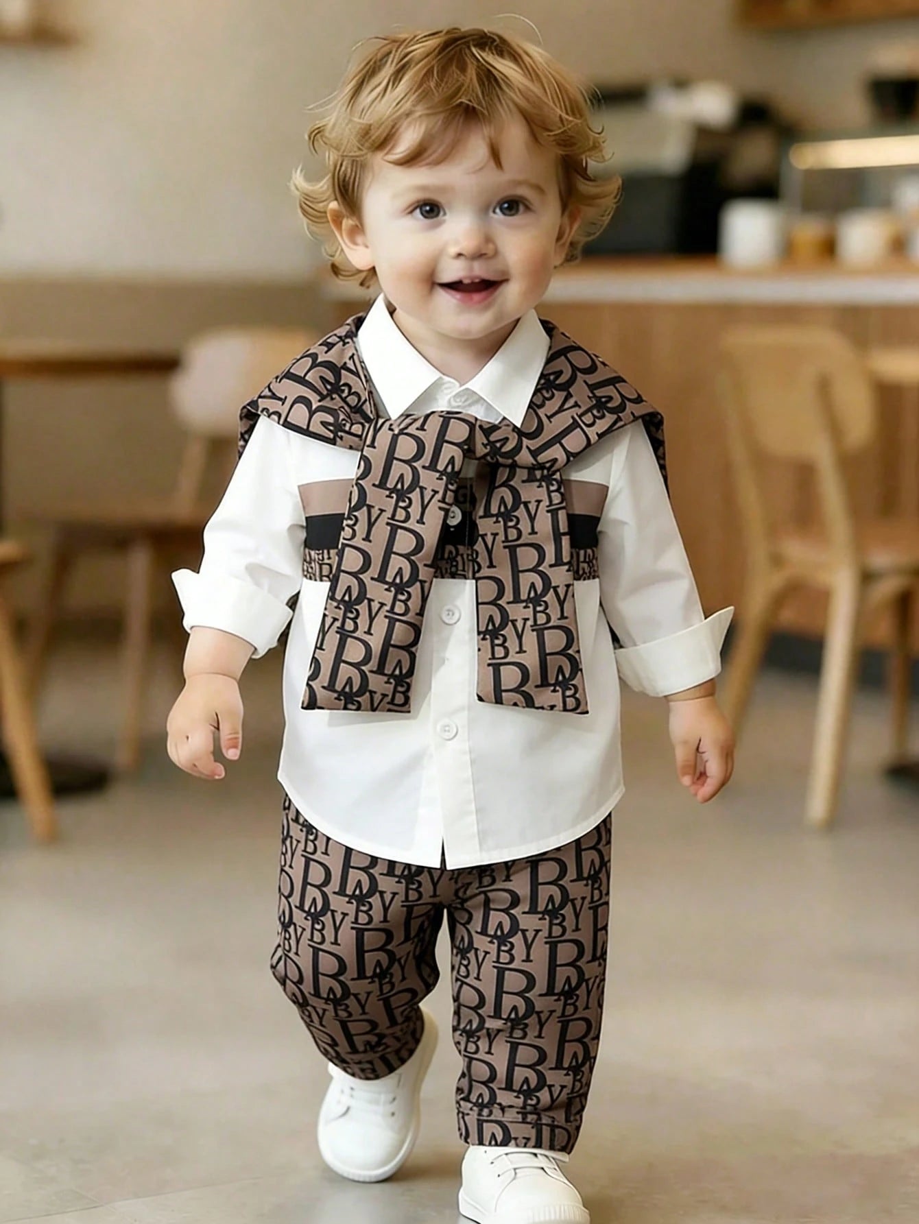 2pcs Boys Letter Print Shirt & Trousers Set - Ivory | 21 Century Kids