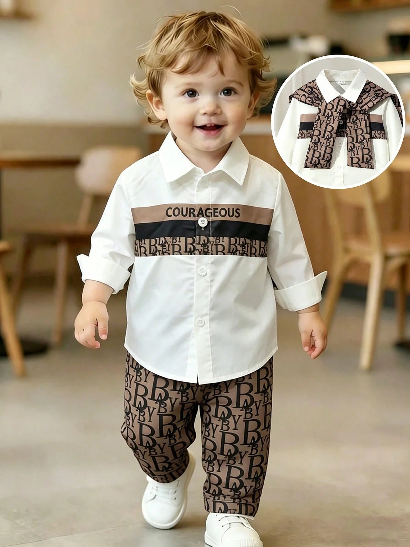 2pcs Boys Letter Print Shirt & Trousers Set - Ivory | 21 Century Kids