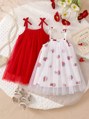 2pcs Girls Strawberry Print Tulle & Bow Strap Sundress Set - Scarle...