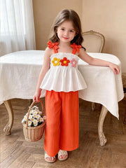 2pcs Girls 3D Floral Camisole & Wide-Leg Pants Set - Tangerine