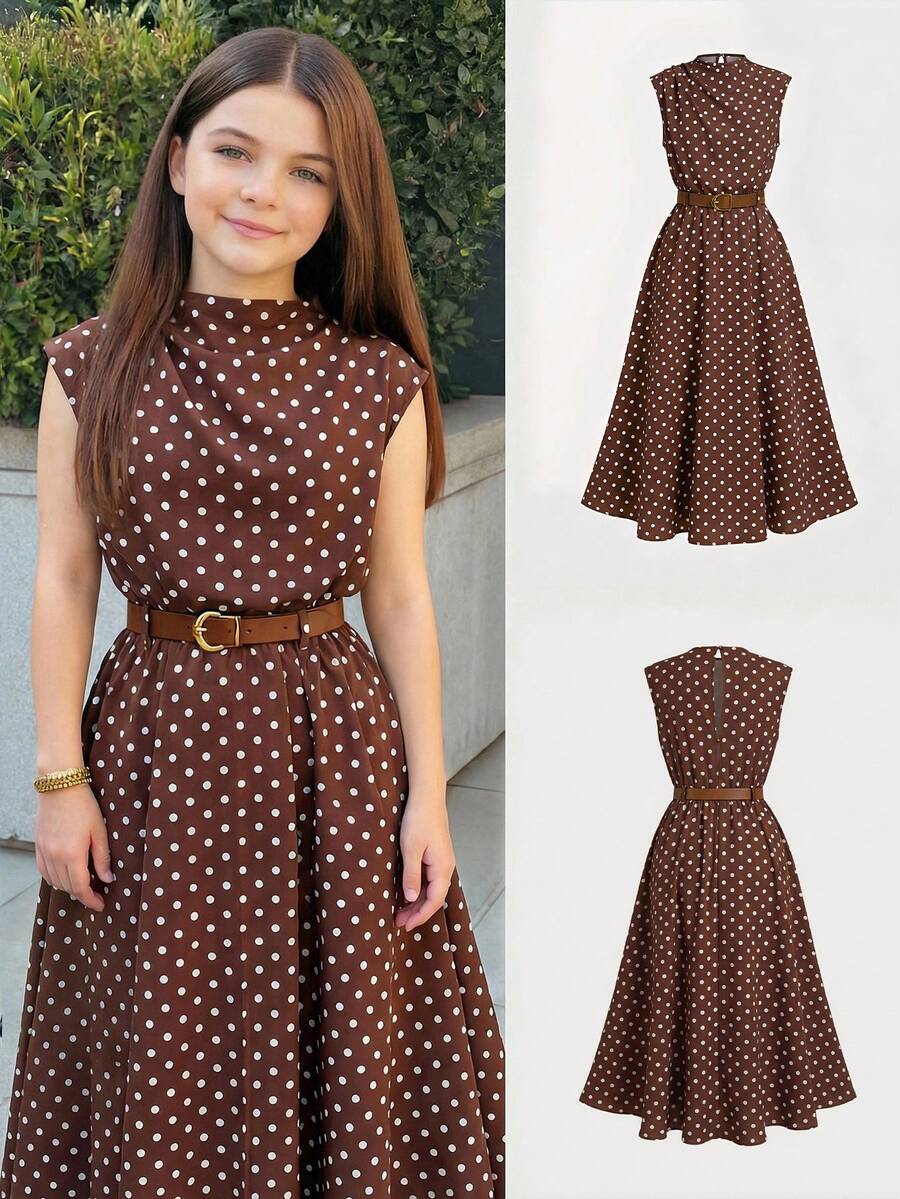 Big Girls Polka Dot A-Line Midi Dress - Wenge | 21 Century Kids