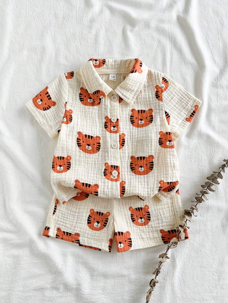 Baby Boys Tiger Print Collar Shirt & Shorts Set - Isabelline