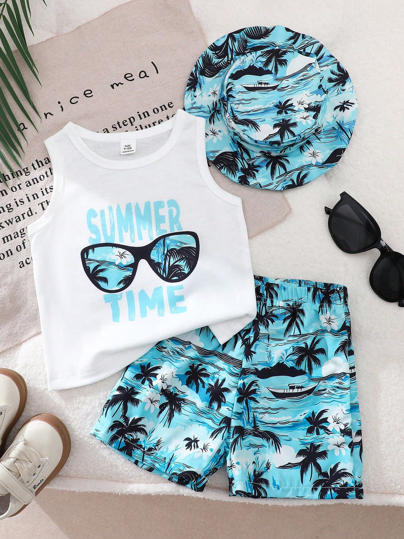 3pcs Boys Tropical Print Vest, Shorts & Bucket Hat Set - Cerulean