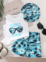 3pcs Boys Tropical Print Vest, Shorts & Bucket Hat Set - Cerulean