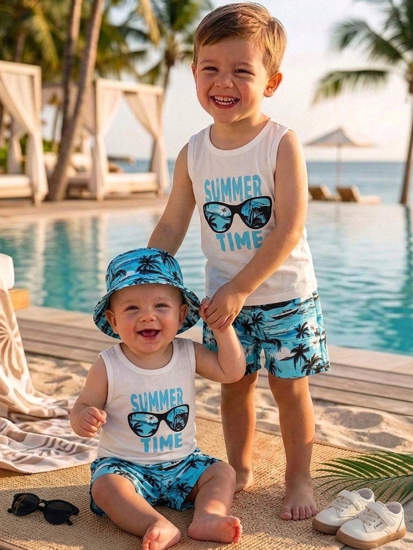 3pcs Boys Tropical Print Vest, Shorts & Bucket Hat Set - Cerulean