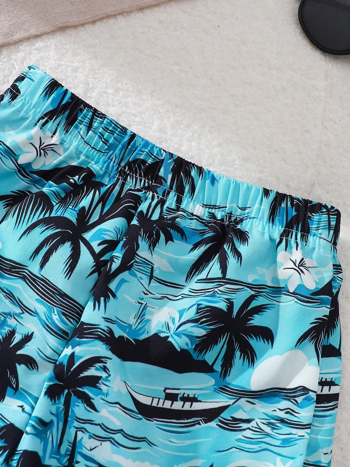 3pcs Boys Tropical Print Vest, Shorts & Bucket Hat Set - Cerulean