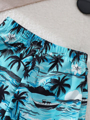 3pcs Boys Tropical Print Vest, Shorts & Bucket Hat Set - Cerulean