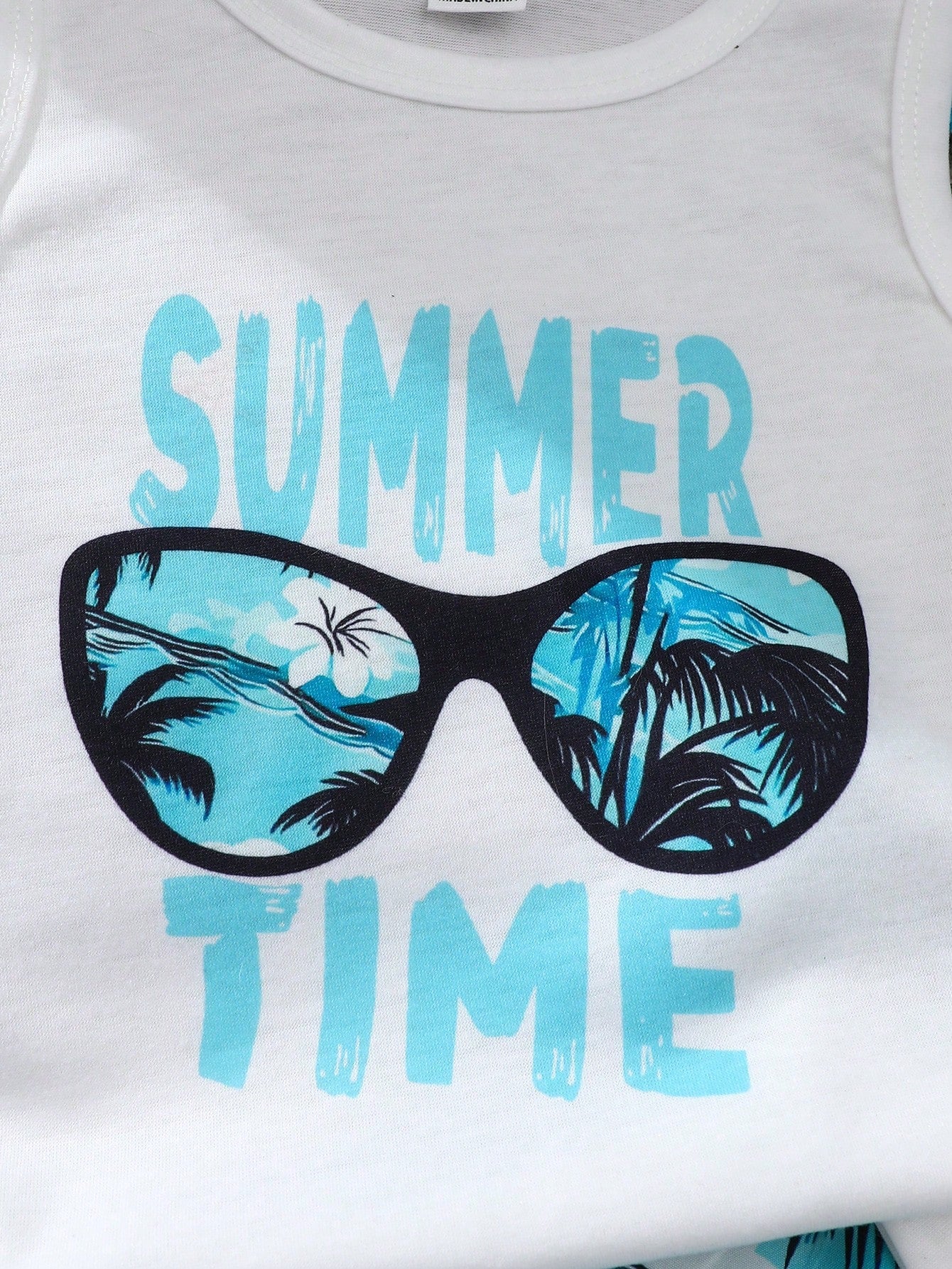 3pcs Boys Tropical Print Vest, Shorts & Bucket Hat Set - Cerulean