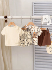 2pcs Boys Jungle Animal Print Tee & Shorts Set - Ecru