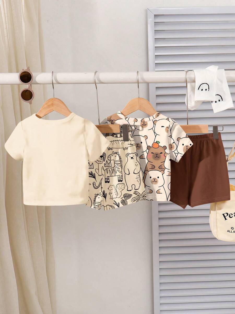 2pcs Boys Jungle Animal Print Tee & Shorts Set - Ecru