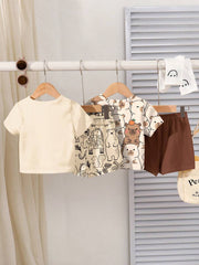 2pcs Boys Jungle Animal Print Tee & Shorts Set - Ecru