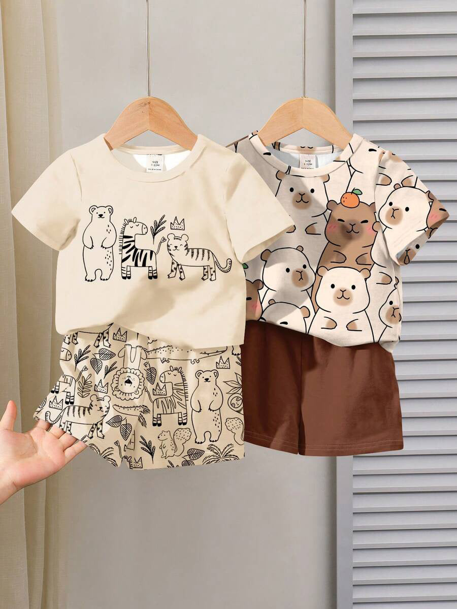 2pcs Boys Jungle Animal Print Tee & Shorts Set - Ecru
