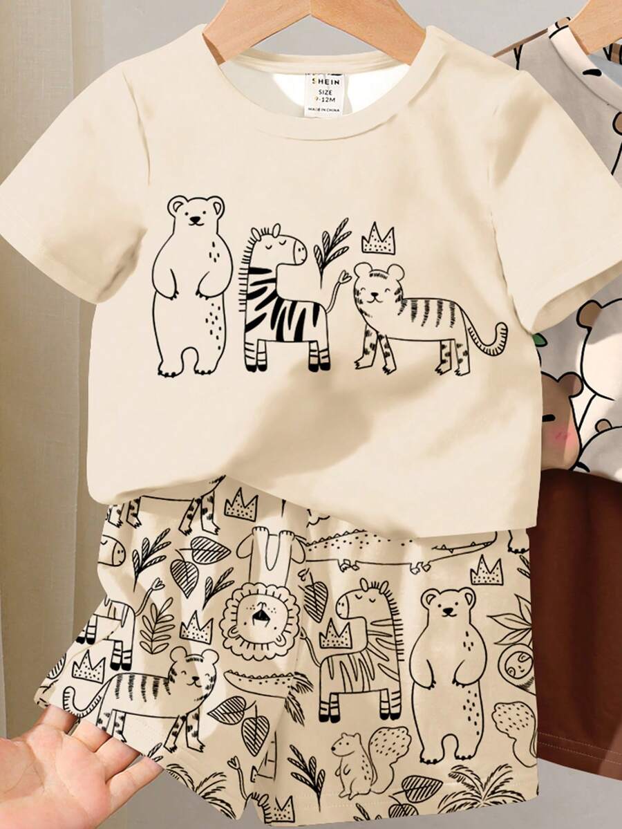 2pcs Boys Jungle Animal Print Tee & Shorts Set - Ecru