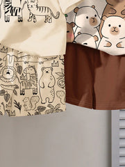 2pcs Boys Jungle Animal Print Tee & Shorts Set - Ecru