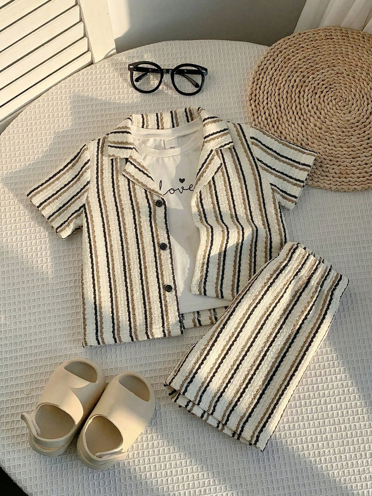 2pcs Boys Striped Resort Collar Shirt & Shorts Set - Ivory