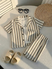 2pcs Boys Striped Resort Collar Shirt & Shorts Set - Ivory