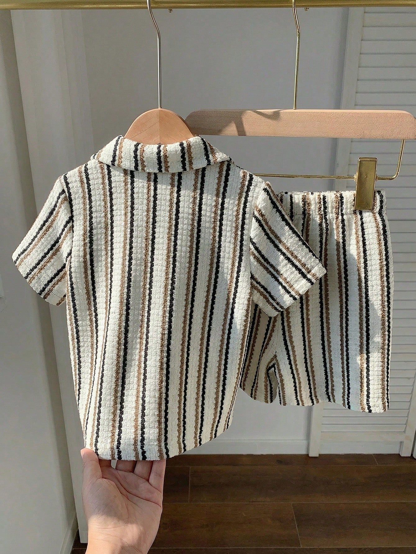 2pcs Boys Striped Resort Collar Shirt & Shorts Set - Ivory