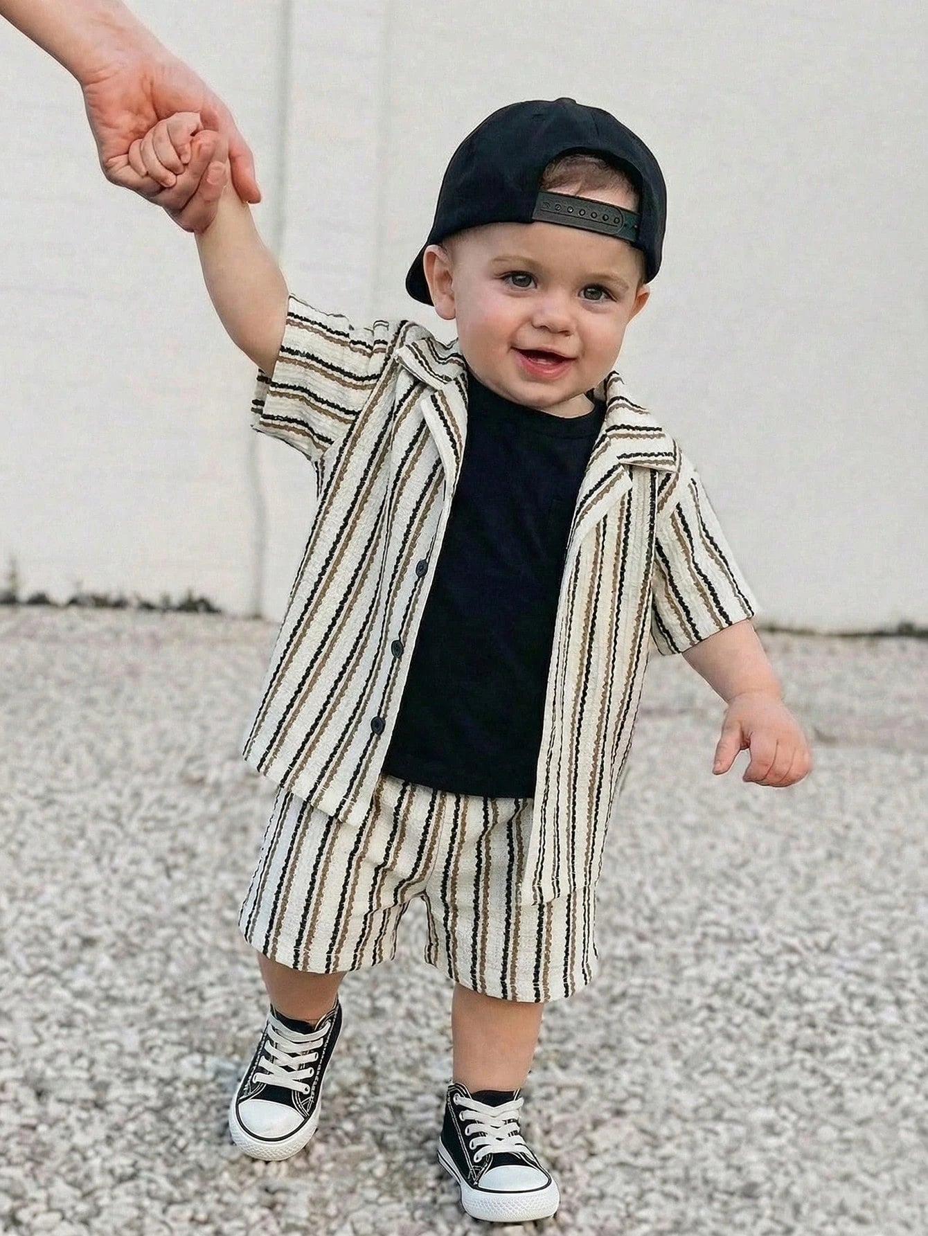 2pcs Boys Striped Resort Collar Shirt & Shorts Set - Ivory