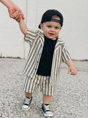 2pcs Boys Striped Resort Collar Shirt & Shorts Set - Ivory