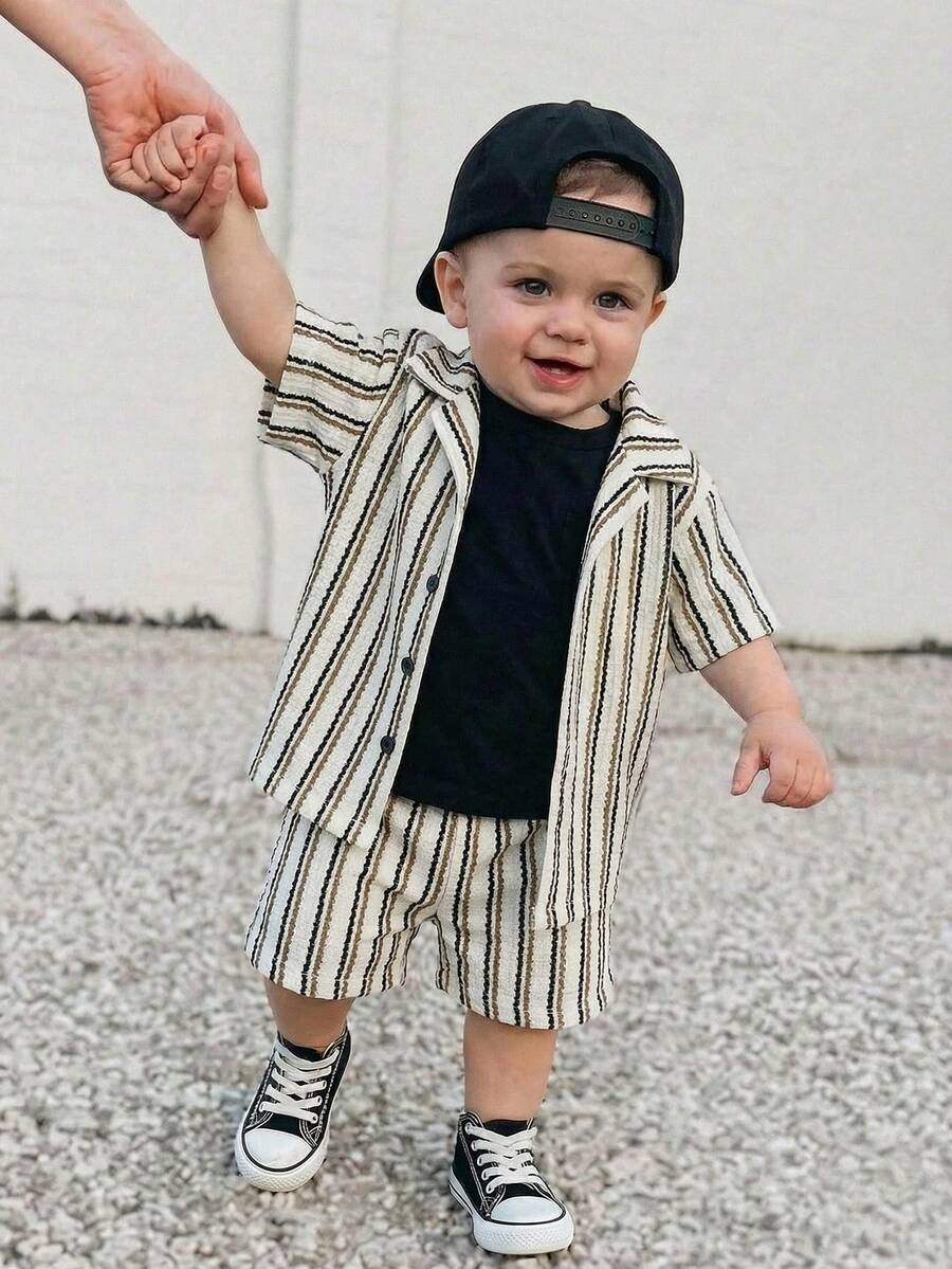 2pcs Boys Striped Resort Collar Shirt & Shorts Set - Ivory