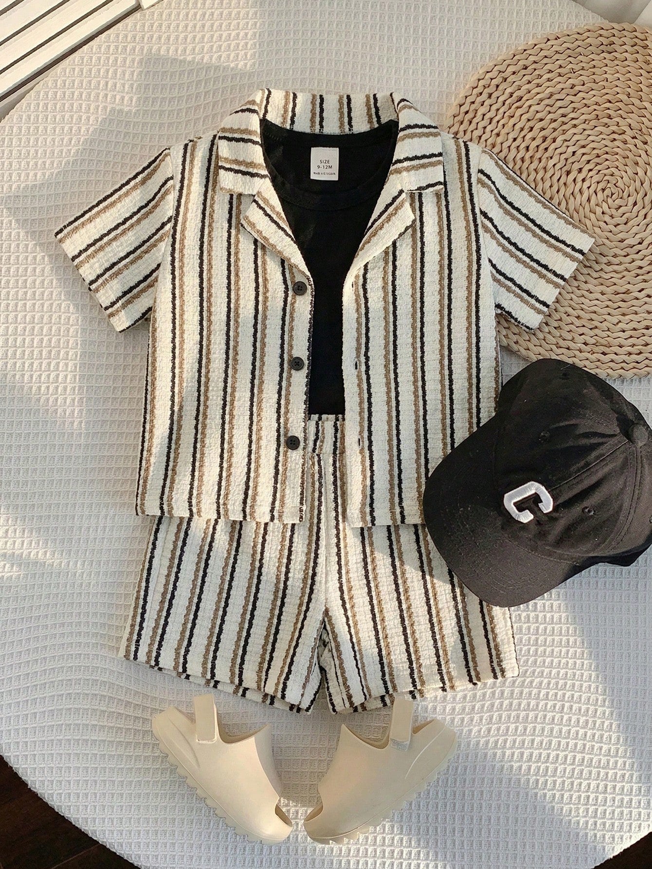 2pcs Boys Striped Resort Collar Shirt & Shorts Set - Ivory