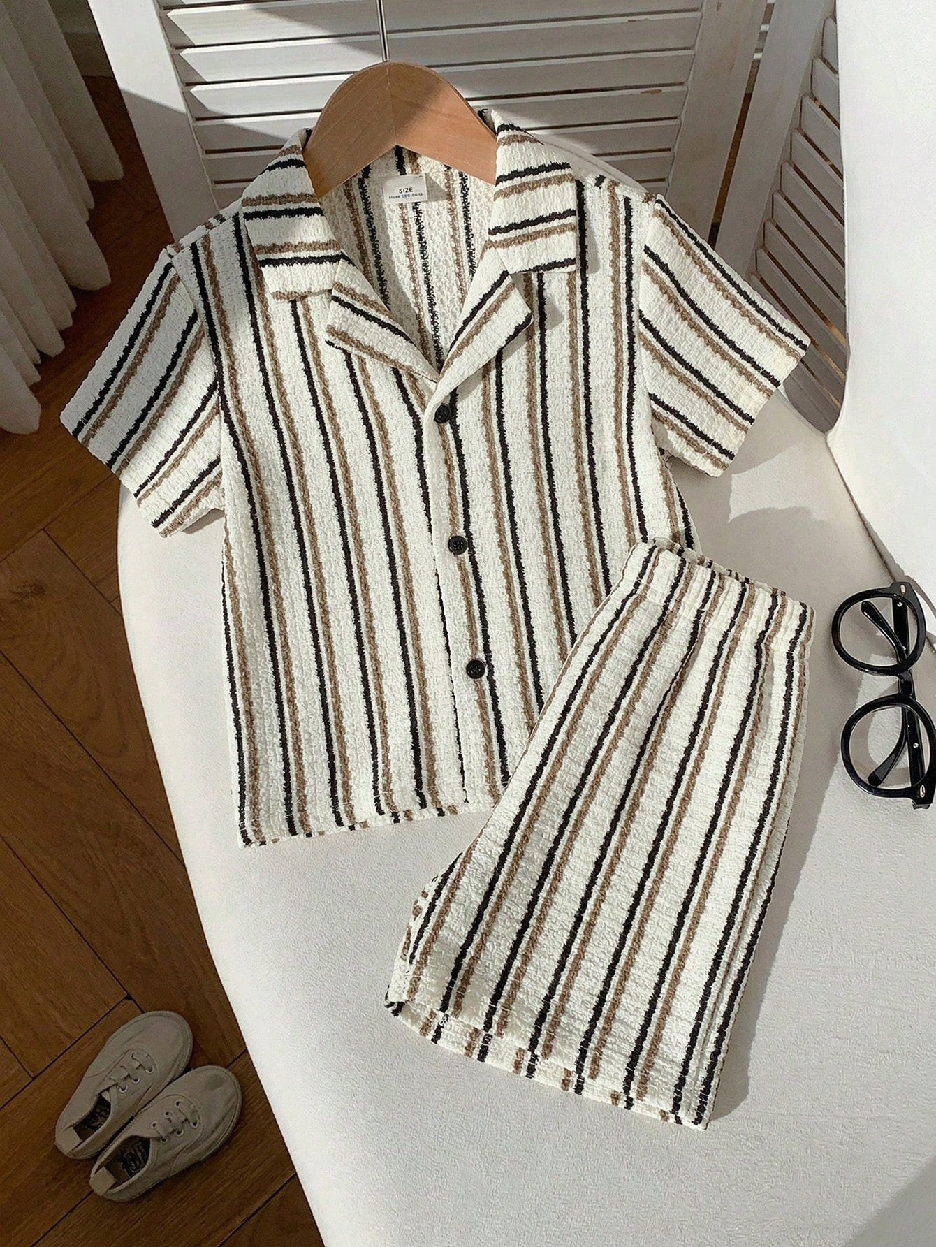 2pcs Boys Striped Resort Collar Shirt & Shorts Set - Ivory