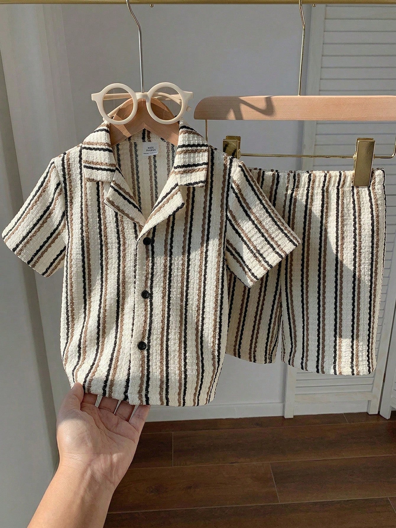 2pcs Boys Striped Resort Collar Shirt & Shorts Set - Ivory