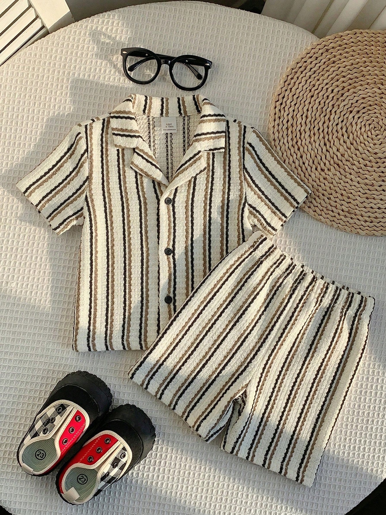2pcs Boys Striped Resort Collar Shirt & Shorts Set - Ivory