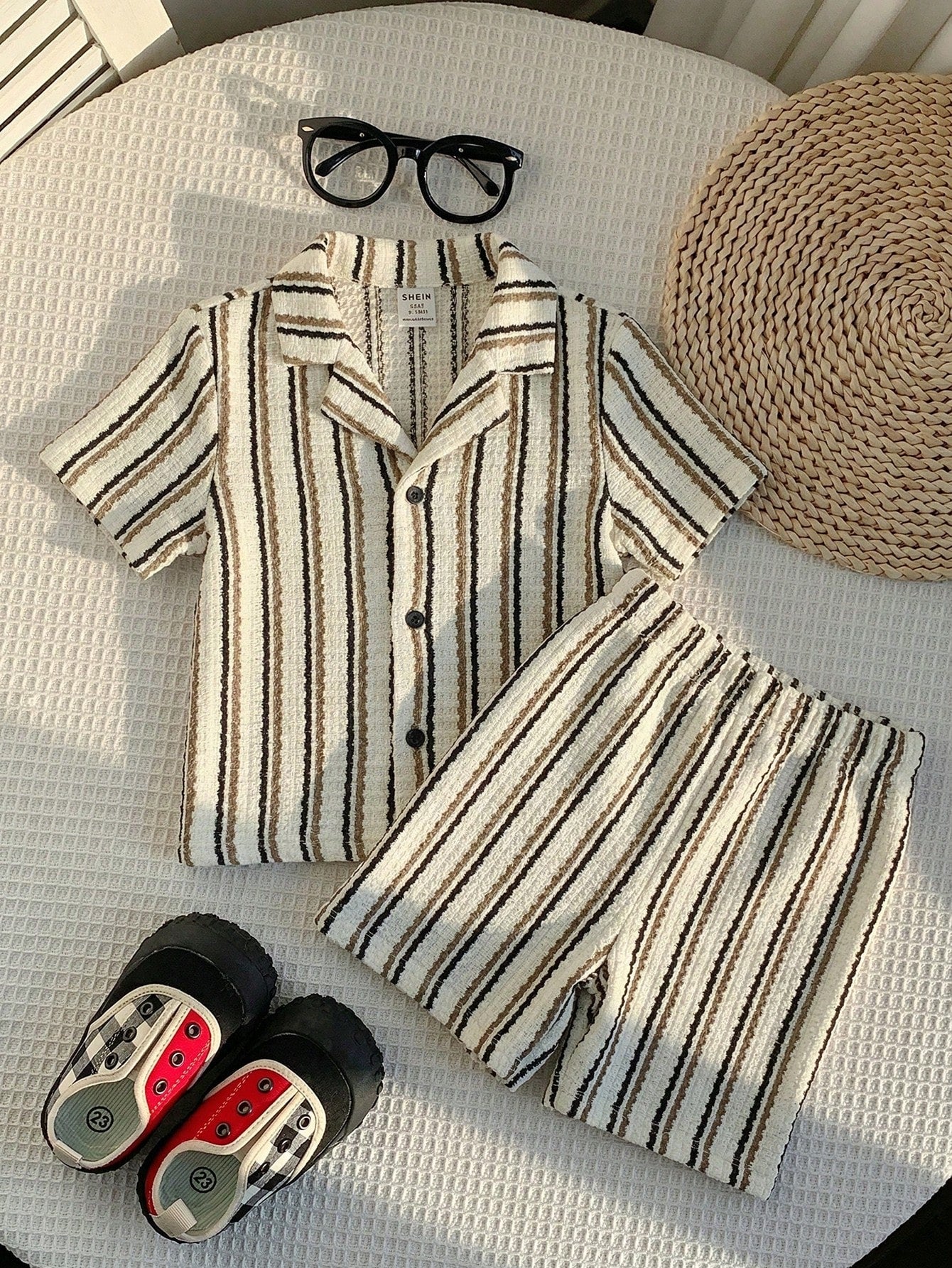 2pcs Boys Striped Resort Collar Shirt & Shorts Set - Ivory