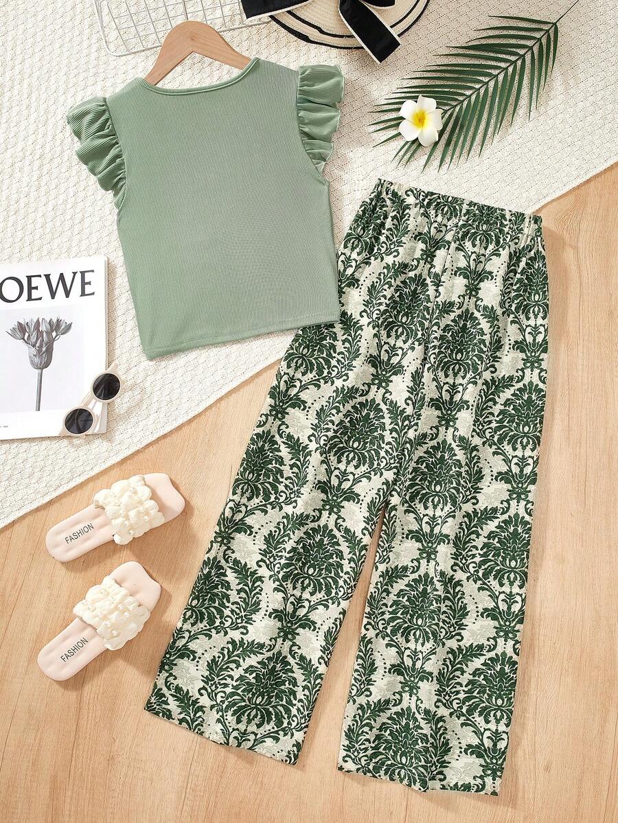 2pcs Girls Ruffle-Sleeve Ribbed Top & Damask Wide-Leg Pants Set - S...