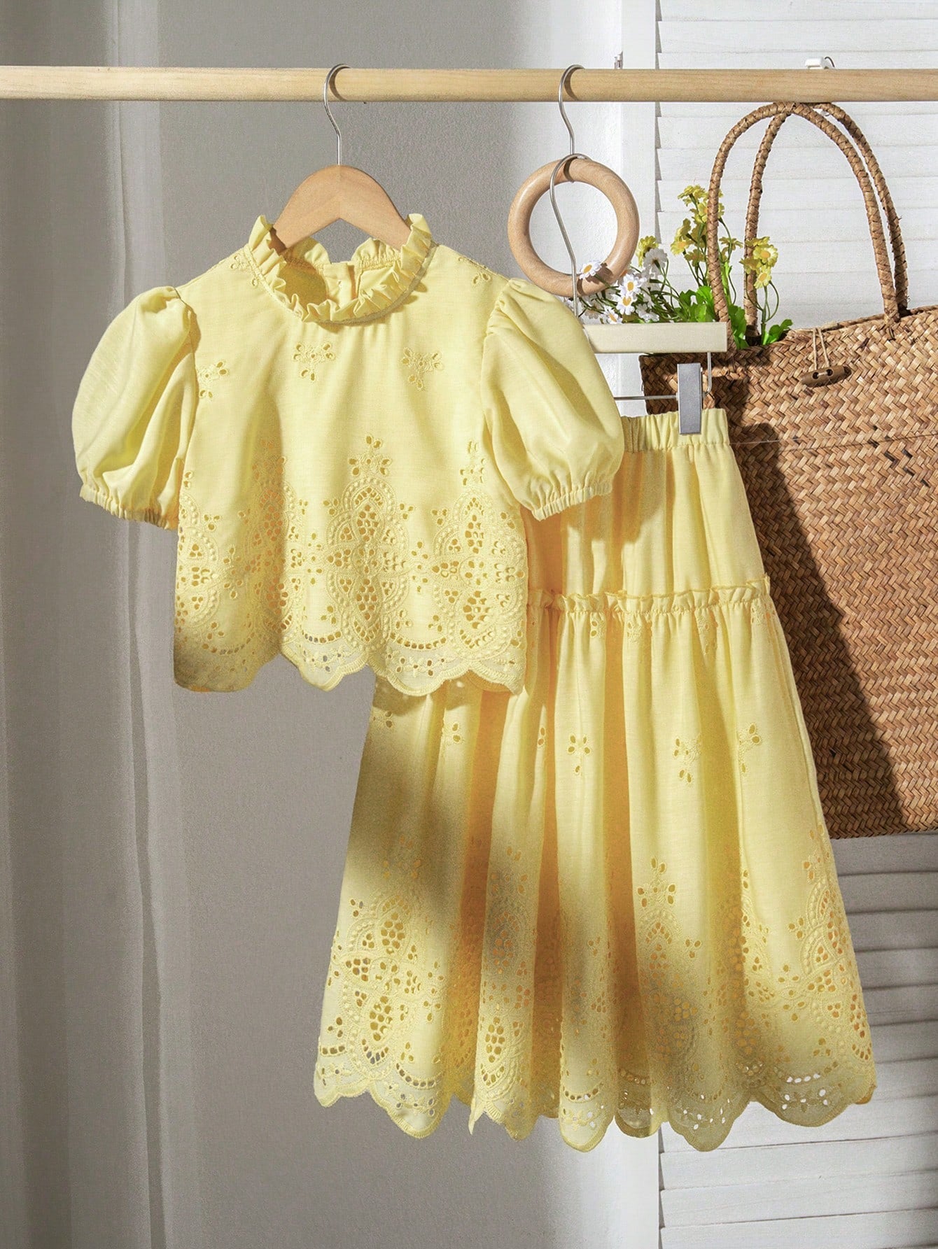 2pcs Big Girls Eyelet Embroidered Puff Sleeve Top & Skirt Set - But...