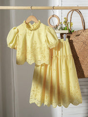 2pcs Big Girls Eyelet Embroidered Puff Sleeve Top & Skirt Set - But...