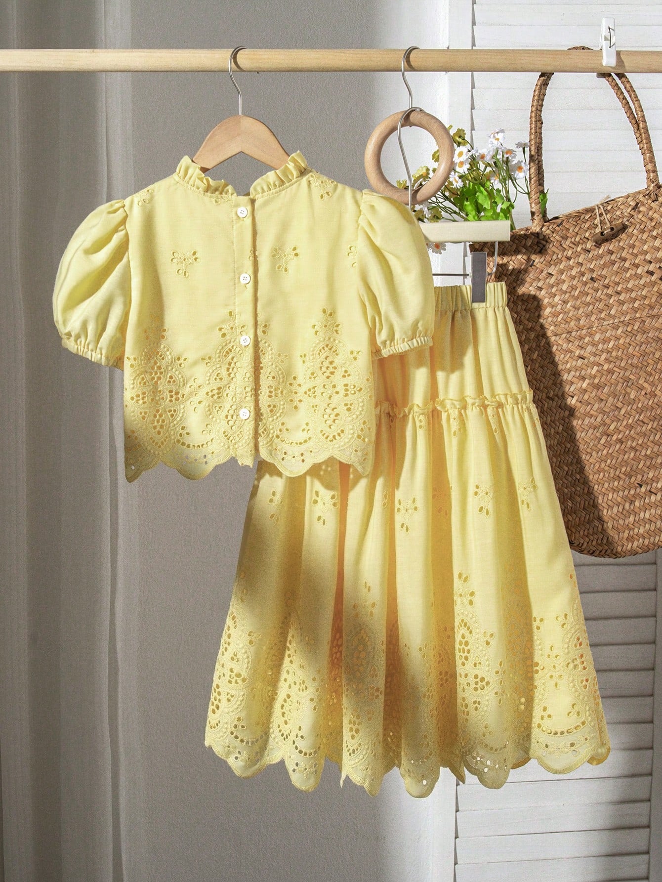 2pcs Big Girls Eyelet Embroidered Puff Sleeve Top & Skirt Set - But...