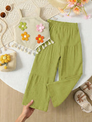 2pcs Little Girls 3D Floral Camisole & Wide-Leg Pants Set - Pistachio