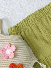 2pcs Little Girls 3D Floral Camisole & Wide-Leg Pants Set - Pistachio