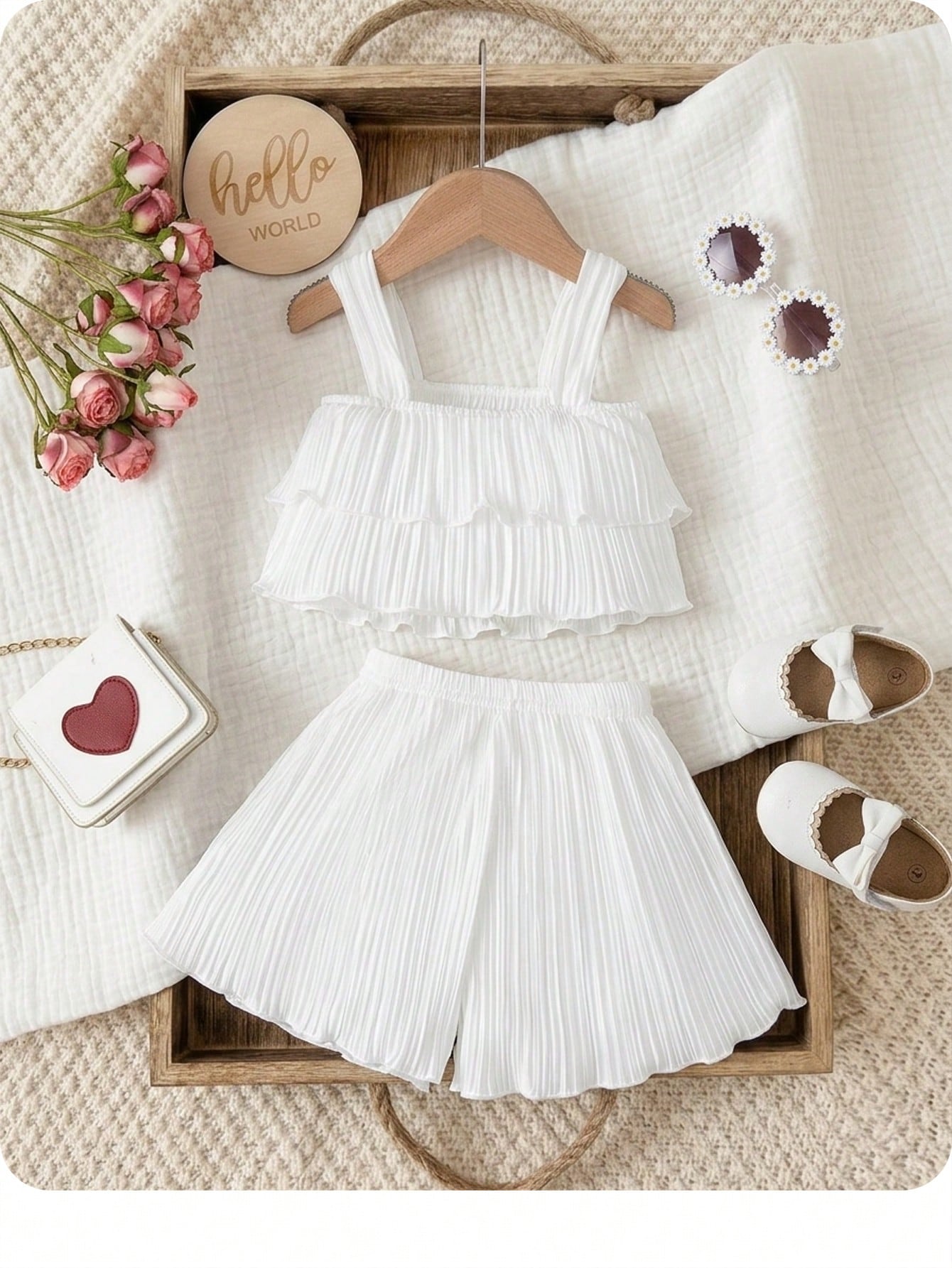 2pcs Girls Pleated Tiered Cami Top & Shorts Set - Ivory | 21 Centur...