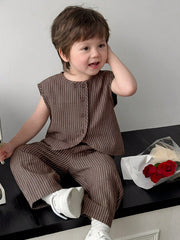 2pcs Boys Pinstripe Sleeveless Vest & Wide-Leg Trousers Set - Wenge...