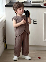2pcs Boys Pinstripe Sleeveless Vest & Wide-Leg Trousers Set - Wenge...