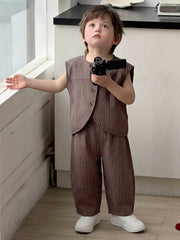 2pcs Boys Pinstripe Sleeveless Vest & Wide-Leg Trousers Set - Wenge...