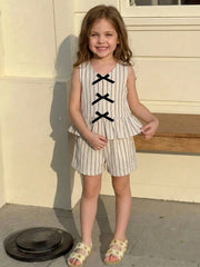 2pcs Little Girls Striped Bow Peplum Top & Shorts Set - Ecru