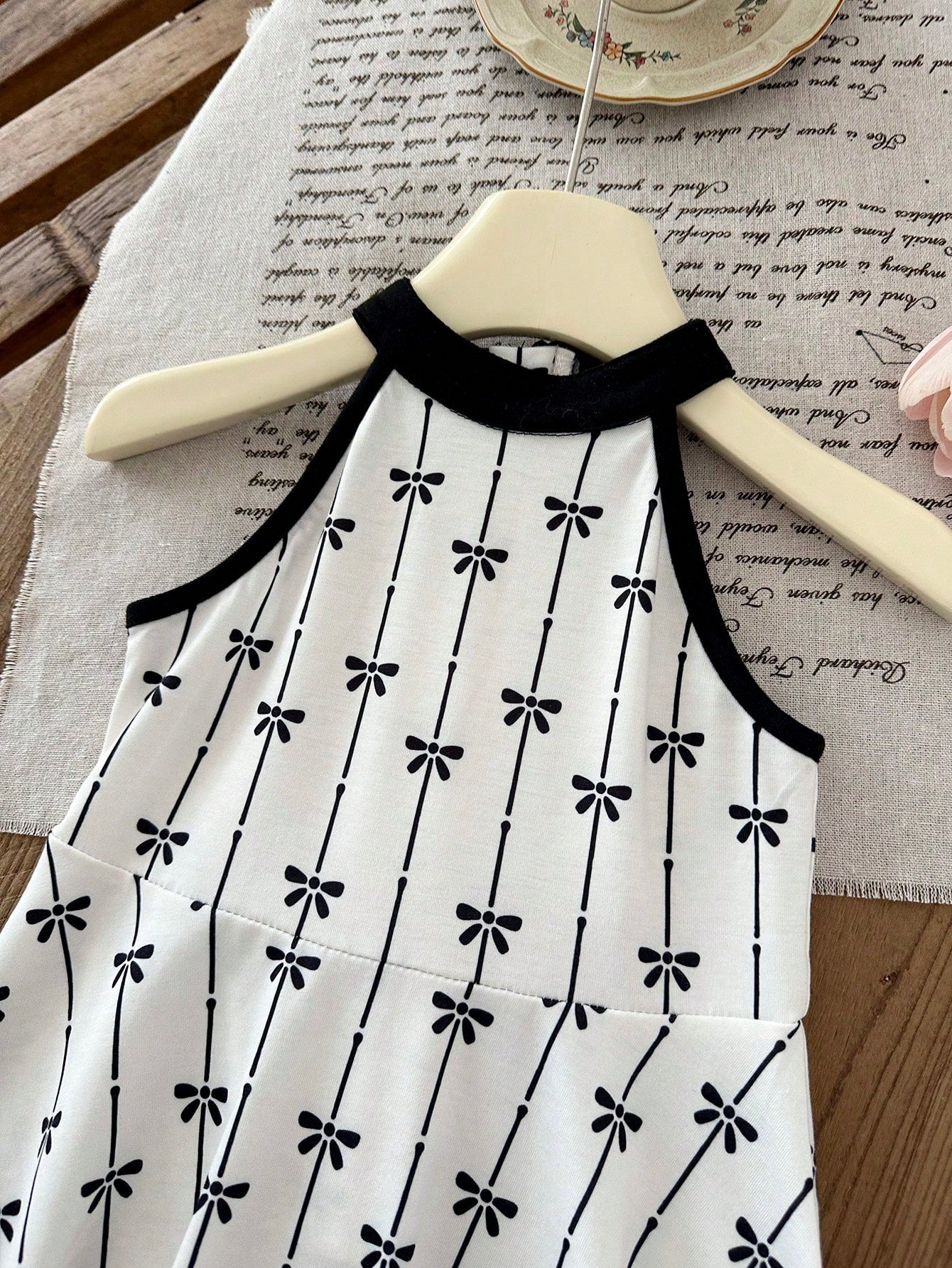 Girls Bow Print Halter Neck Flared A-Line Dress - Ivory
